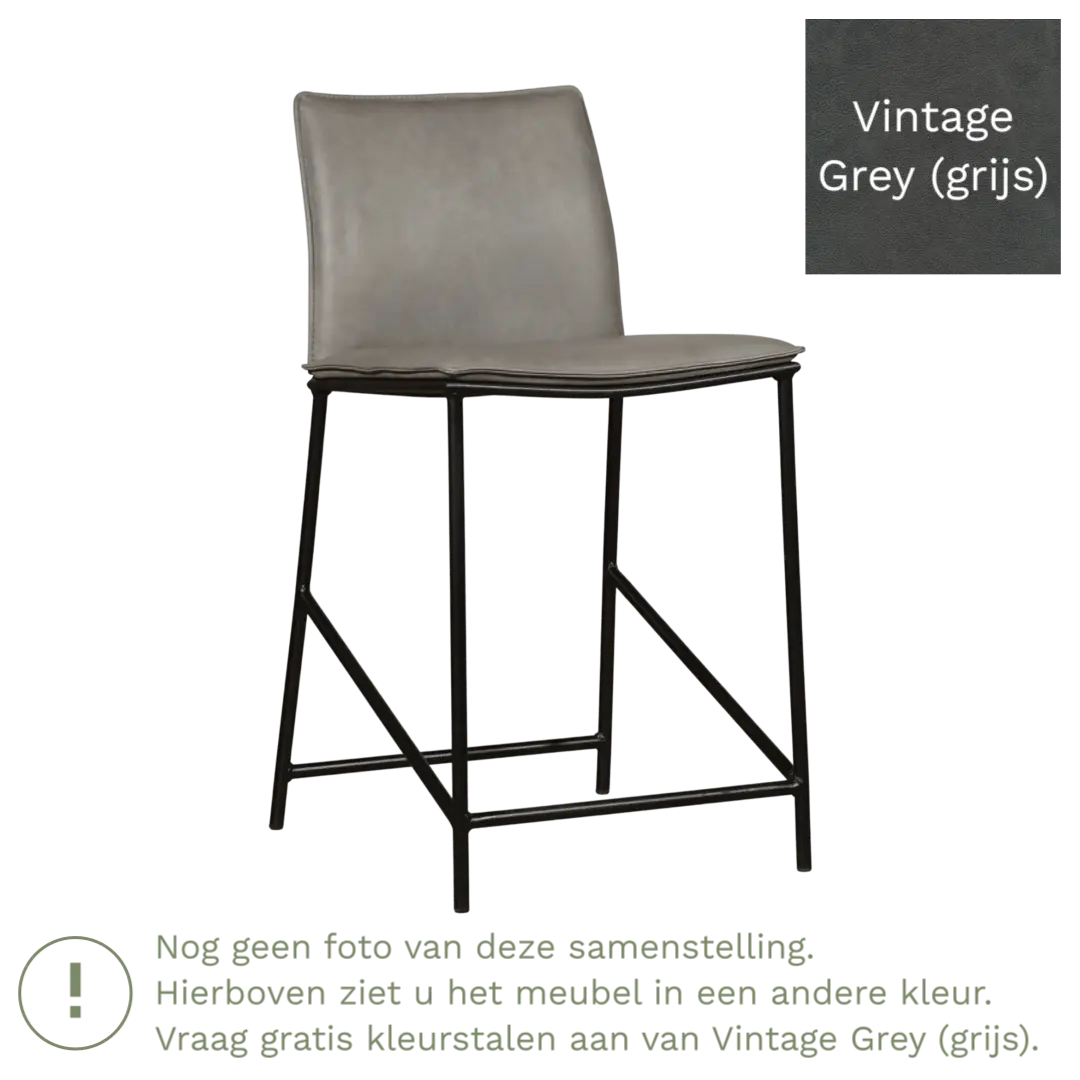 afbeelding van Leren barkruk laag Favor - Vintage Grey (grijs) - poten staal rond zwart